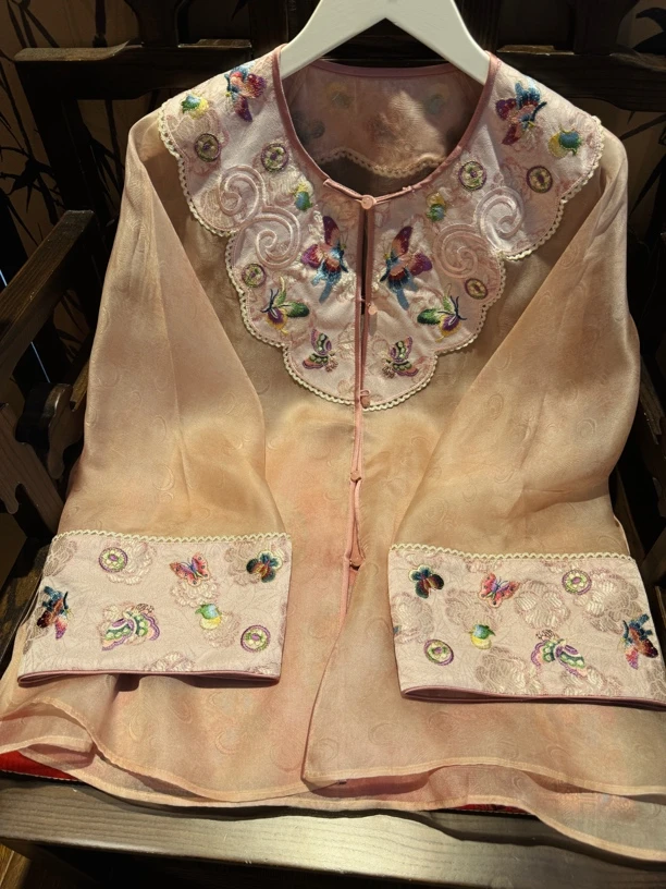 『蝶』原创设计高端重工刺绣桑蚕丝欧根纱圆领百搭新中式唐装