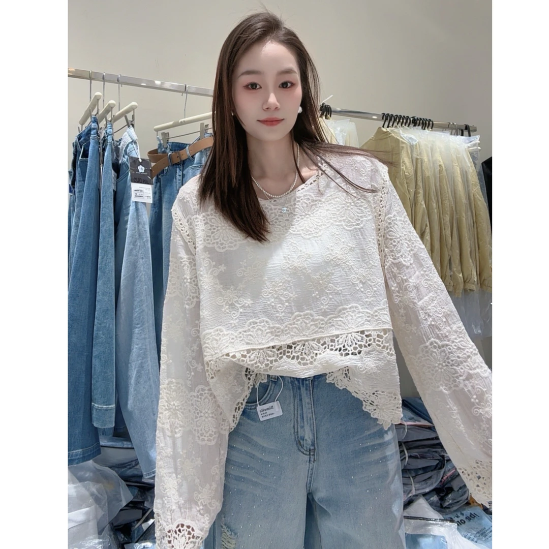 【三懿服饰】法式蕾丝钩花镂空长袖T恤外搭罩衫洋气衬衫上衣-3143