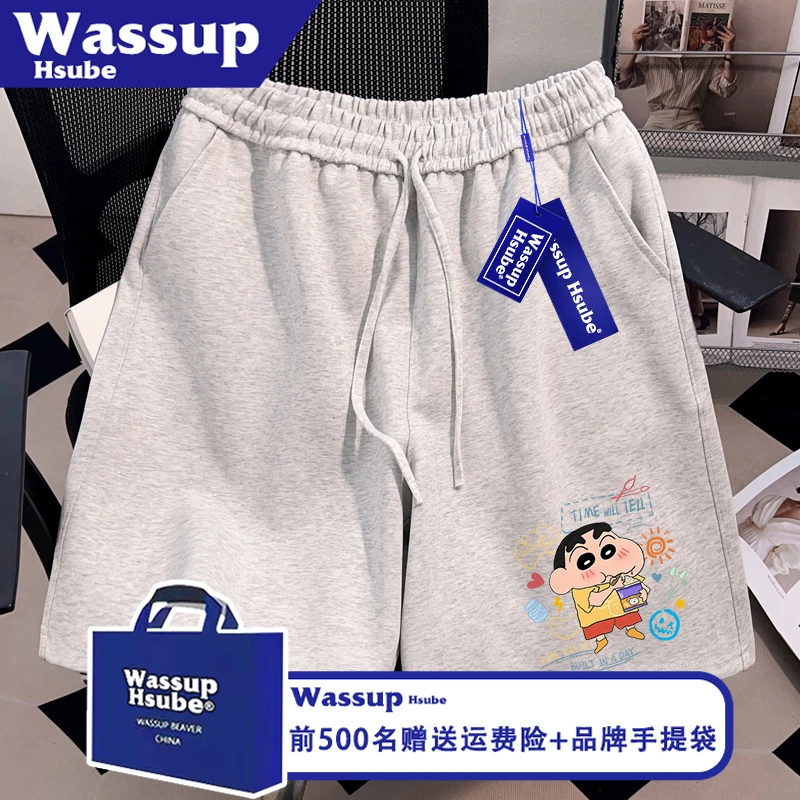 WASSUP HSUBE国潮卡通小新印花街头运动短裤男女夏抽绳简约五分裤