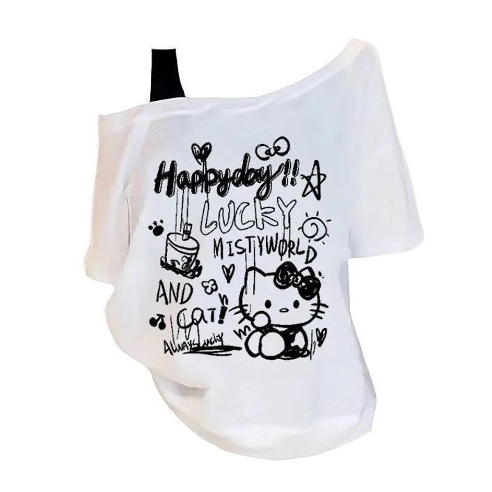 独特别致夏季新款2025美式甜妹凯蒂猫印花短袖T恤露肩宽松上衣女