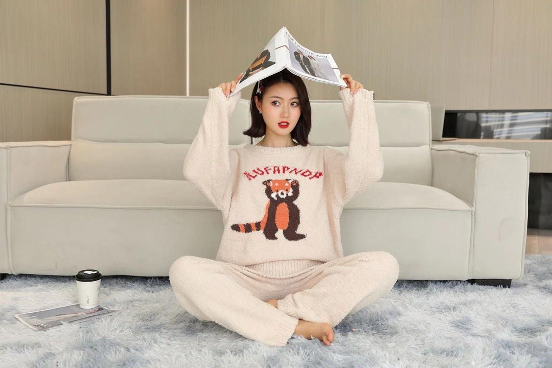 工厂清很多女款毛衣加厚半边绒家居服套装毛针织