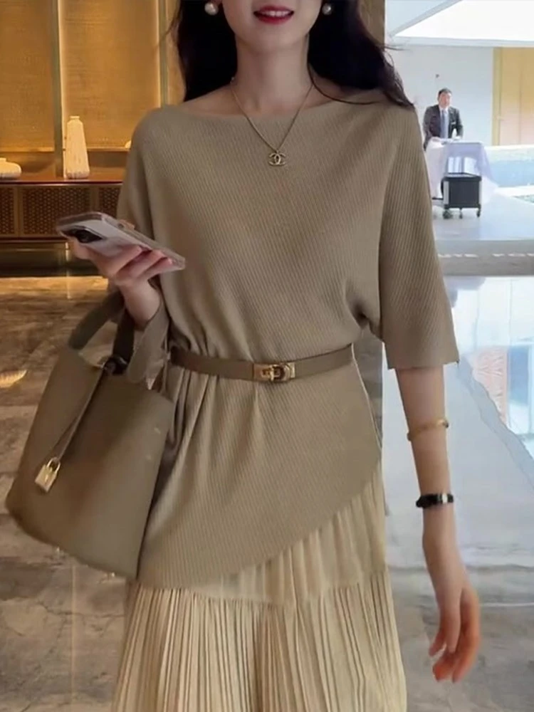 端庄大气温柔风卡其色短袖上衣2025夏季款高级感气质显瘦不规则女