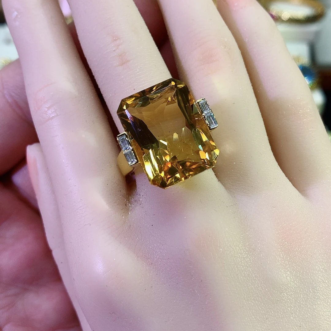 黄晶戒指银S925镀金镶嵌
