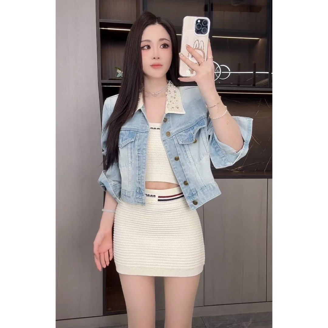 曼曼【限定蓝调】 重工钉珠翻领牛仔外套