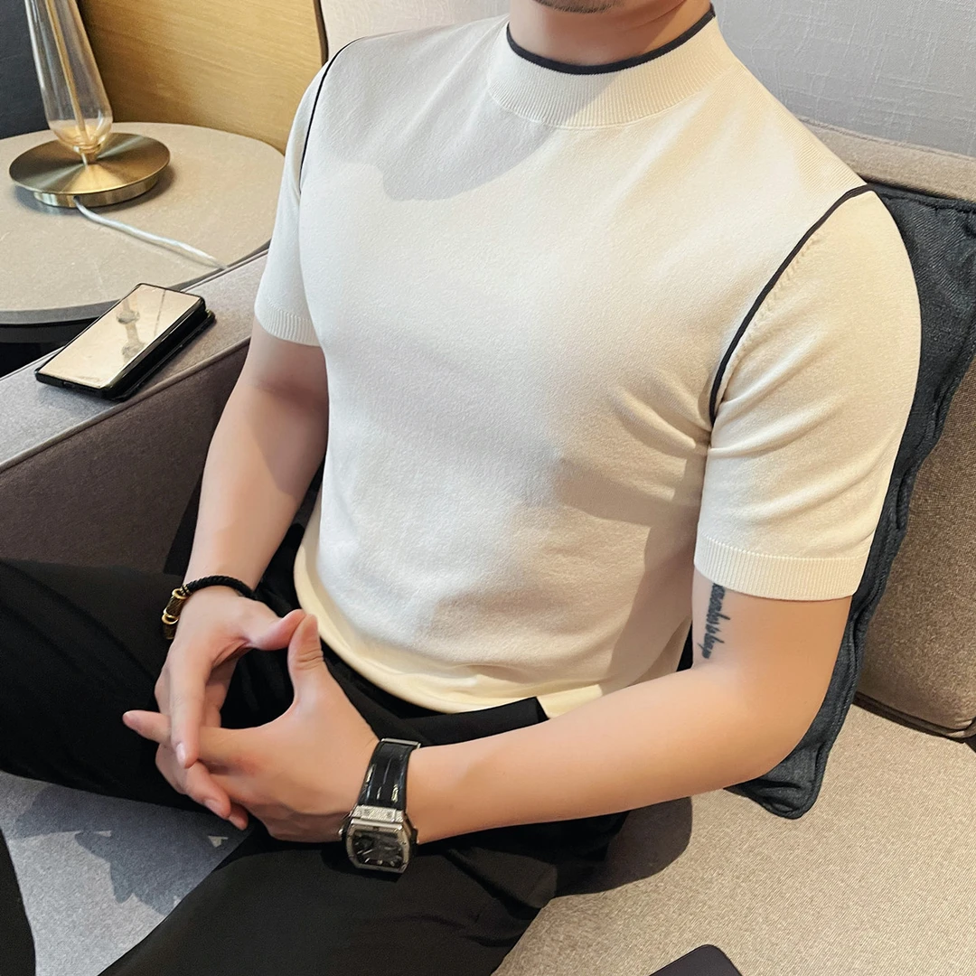 时尚休闲打底衫男士夏季爆款针织冰丝短袖T恤修身纯色半袖t恤潮流