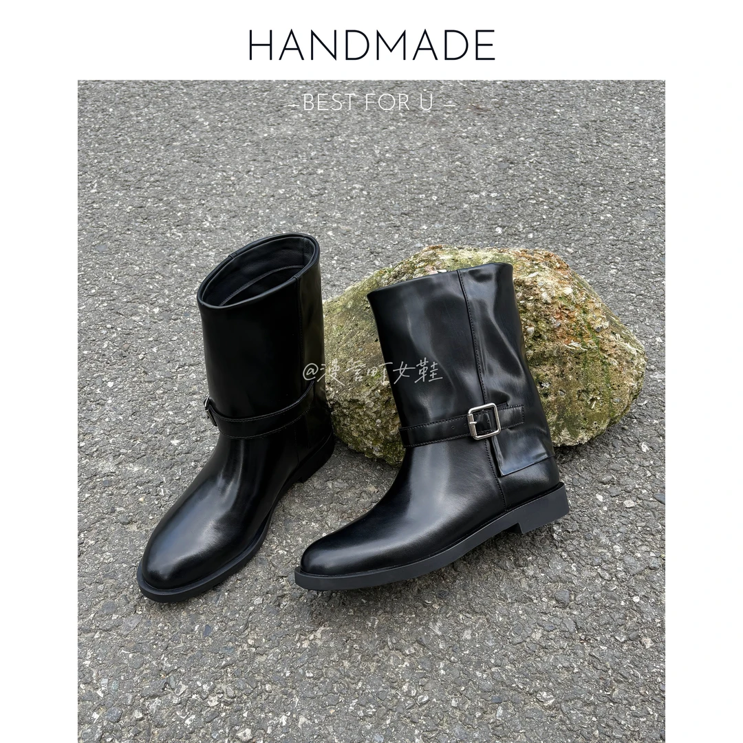 漫言町3cm头层胎牛皮圆头套筒马丁靴短靴平底英伦厚底骑士靴大牌