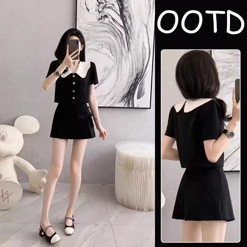 2025夏季新款高腰云朵娃娃领甜美小香风套装女通勤短款小众半身裙