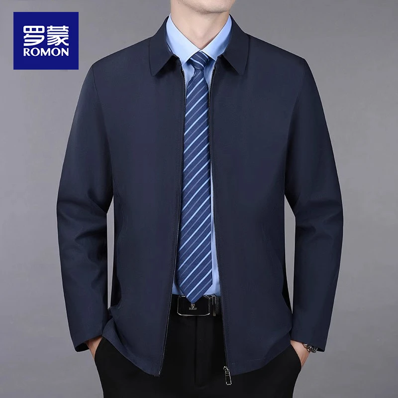 罗蒙夹克男士春秋款商务休闲爸爸装翻领宽松纯色防风新款行政外套