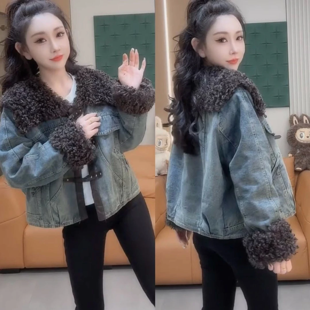 2025冬季新款毛毛领拼牛仔夹棉外套洋气休闲保暖防风牛仔棉外套潮