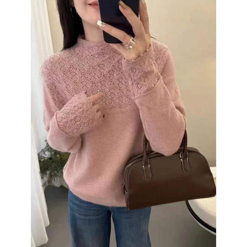 半高领彩钻钩花打底衫秋冬新款百搭针织衫套头毛衣女纯色打底DD17