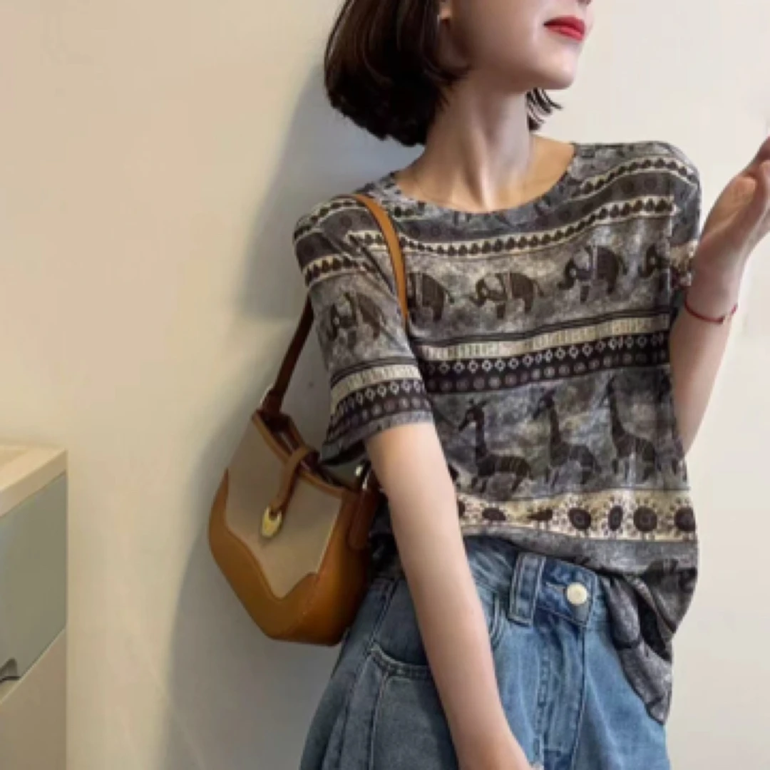 清HMY 30552复古国风印染花色大象小鹿短袖T恤亲肤微透打底衫上衣