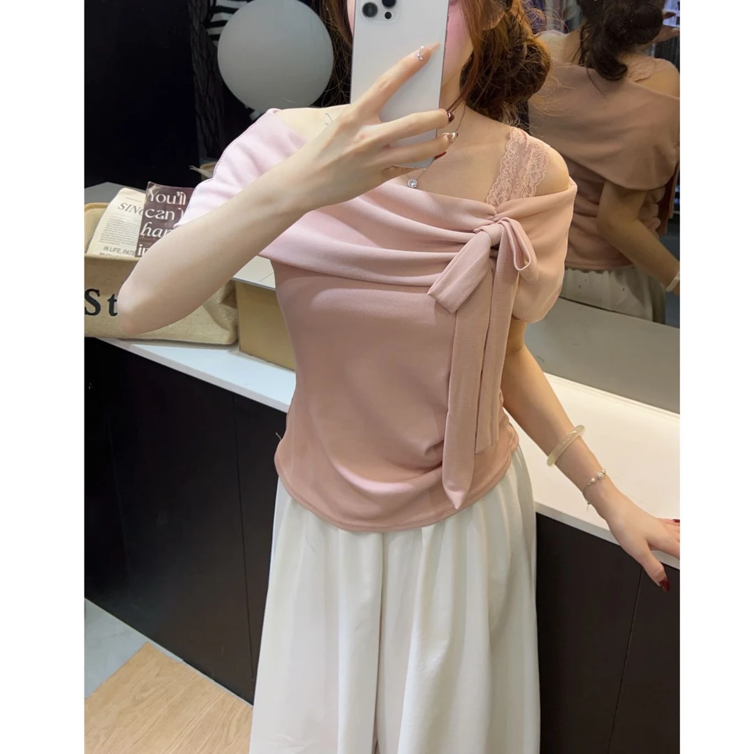 一字肩纯欲T恤女夏季蝴蝶结露肩短袖甜妹风穿搭上衣女8395#0.1