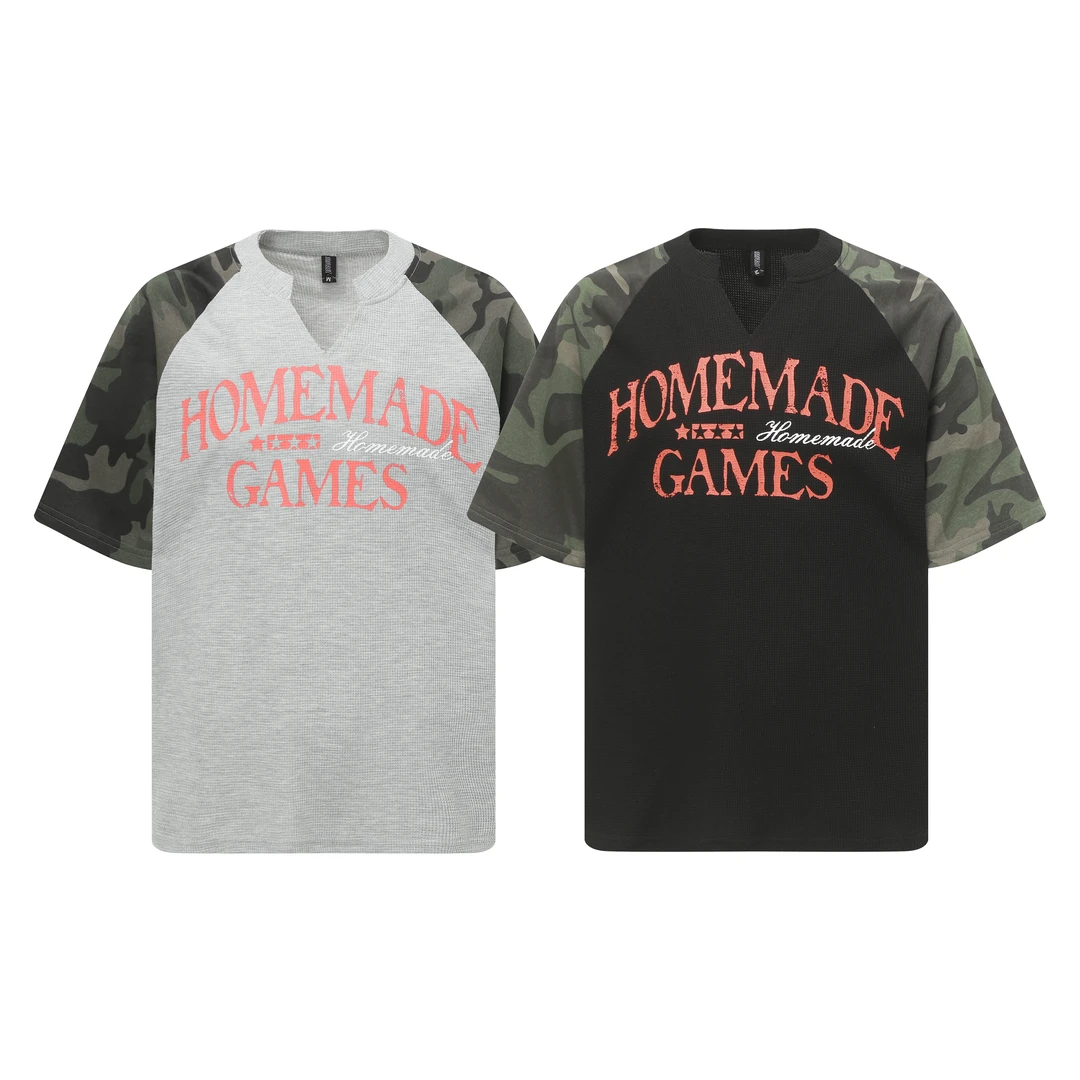 Bo’s Club 复古v领迷彩拼接短袖上衣痞帅男女夏宽松休闲t恤
