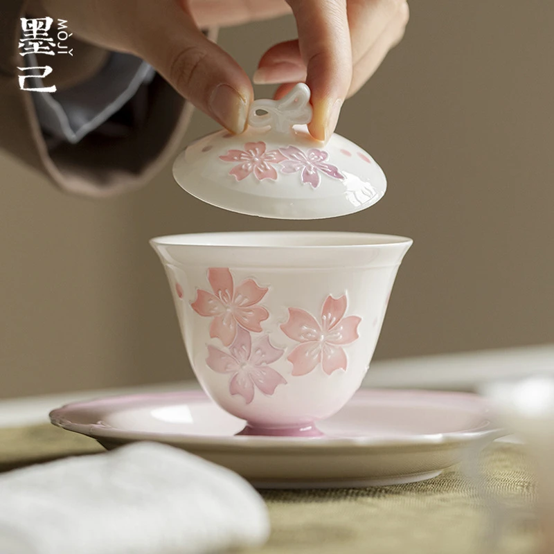 墨己玉泥有田烧樱朵手绘陶瓷盖碗功夫茶具家用仿烫日式泡茶碗盖碗