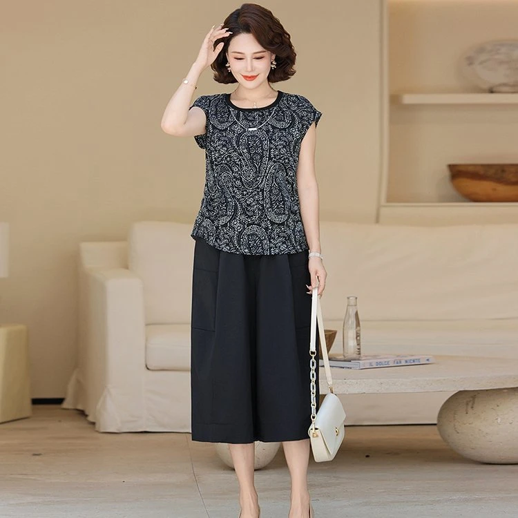 中国风休闲时尚套装印花时尚民族风短袖宽松大码女装妈妈气质夏装