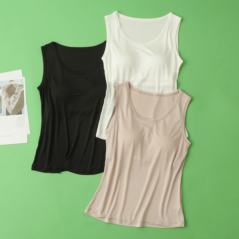 32针100%真丝文胸内衣一体圆领无袖背心上衣女桑蚕丝打底衫夏季薄