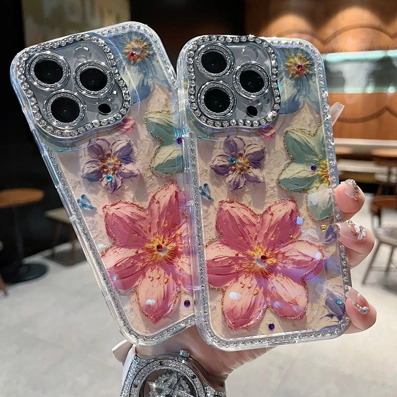 适用苹果系列iPhone16新款手机壳油画马卡龙花扭边钻框闪钻镜头膜