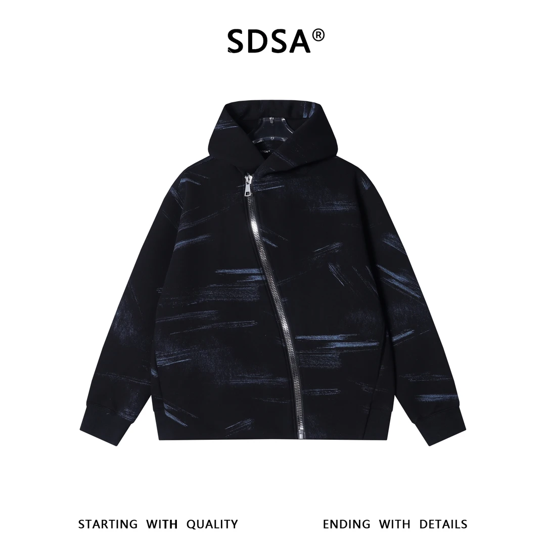 SDSA男士秋冬新款痞帅男装潮牌撞色印花斜拉链连帽卫衣百搭时尚