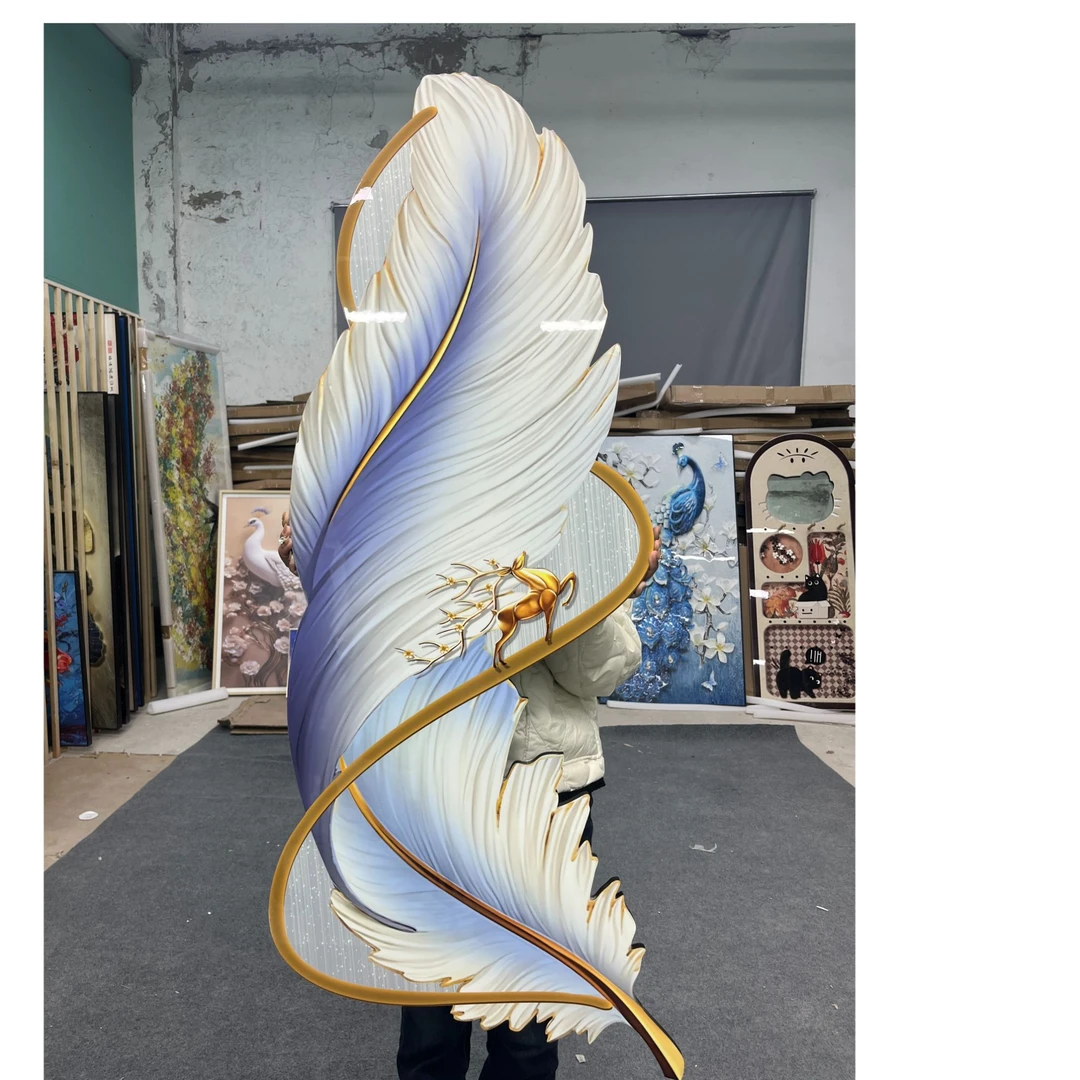 【Y尚】一鹿向上羽毛装饰画客厅挂画卧室床头画木头雕刻50120