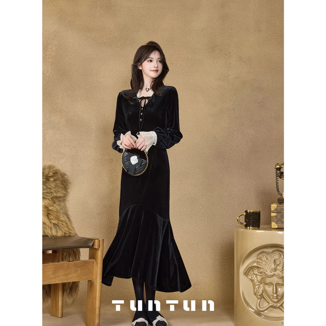 吞吞TUNT【绝世名伶】优雅小姐 复古丝绒撞色荷叶边连衣裙4