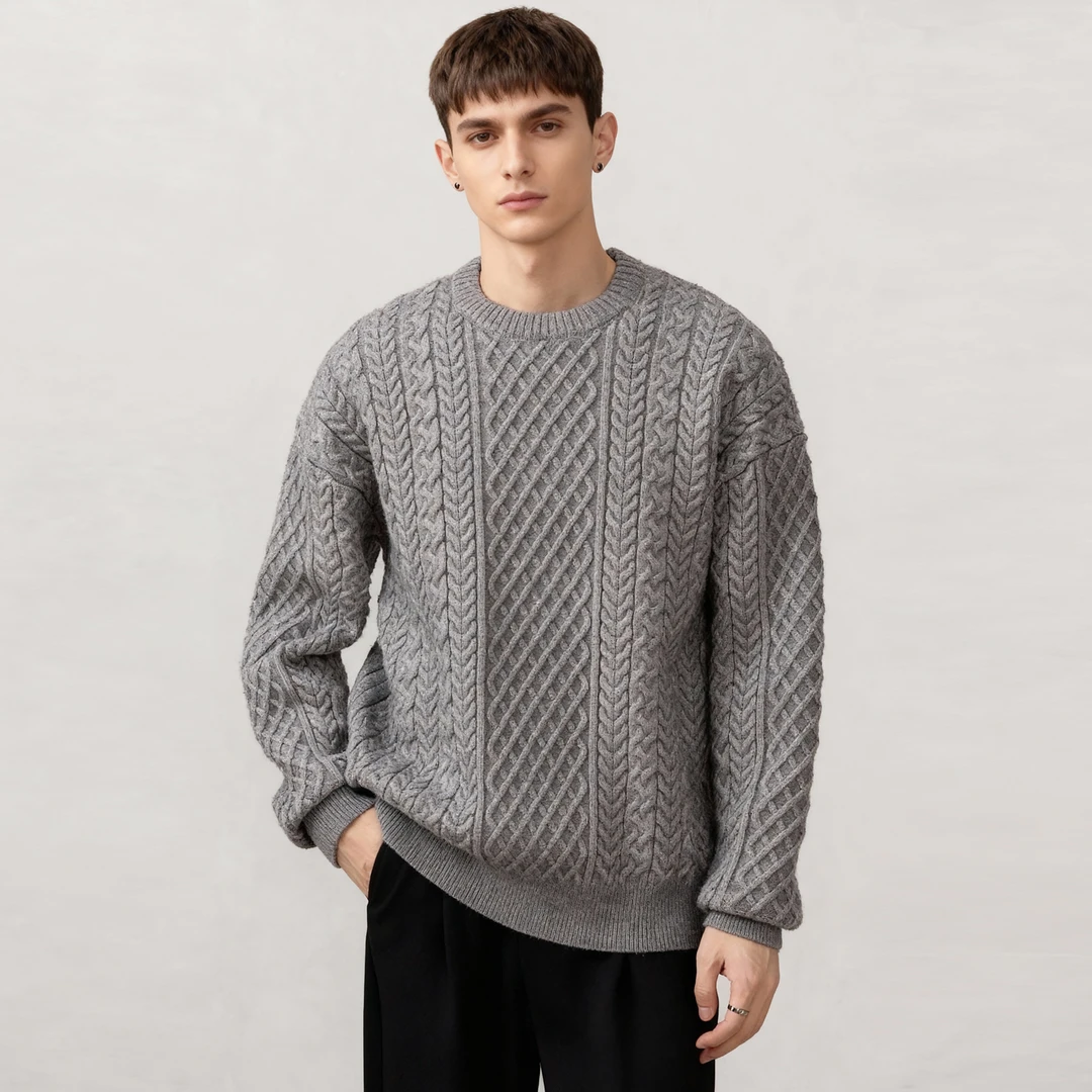 麻花慵懒风加厚套头毛衣男秋冬季宽松老钱风高级感痞帅针织衫上衣