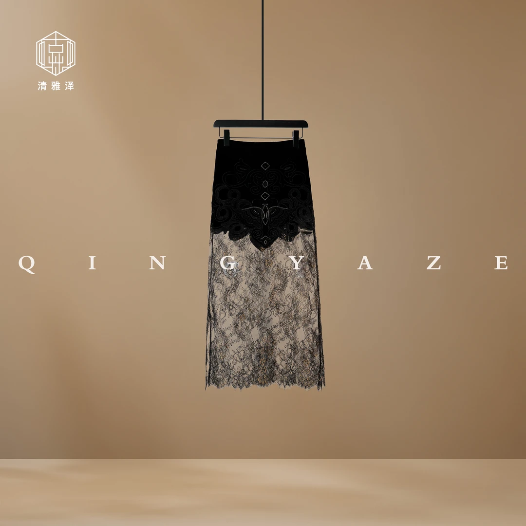 彝·女神蕾丝！真丝丝绒重工刺绣新中式半裙！GZ6184