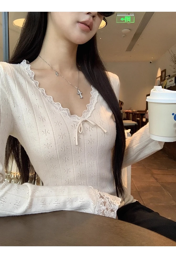 针织衫女早秋大码内搭穿搭蕾丝镂空上衣韩系v领修身显瘦长袖毛衣