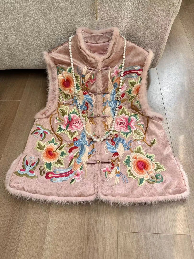 陈诺服饰—【如意牡丹】新中式国潮风水貂毛醋酸百搭时尚马甲#793