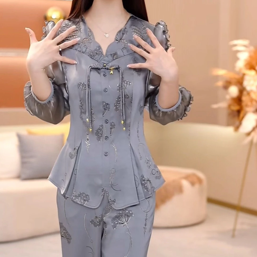 金丝缎气质新中式高端俩件套2025春夏新款小众上衣裤子修身套装女