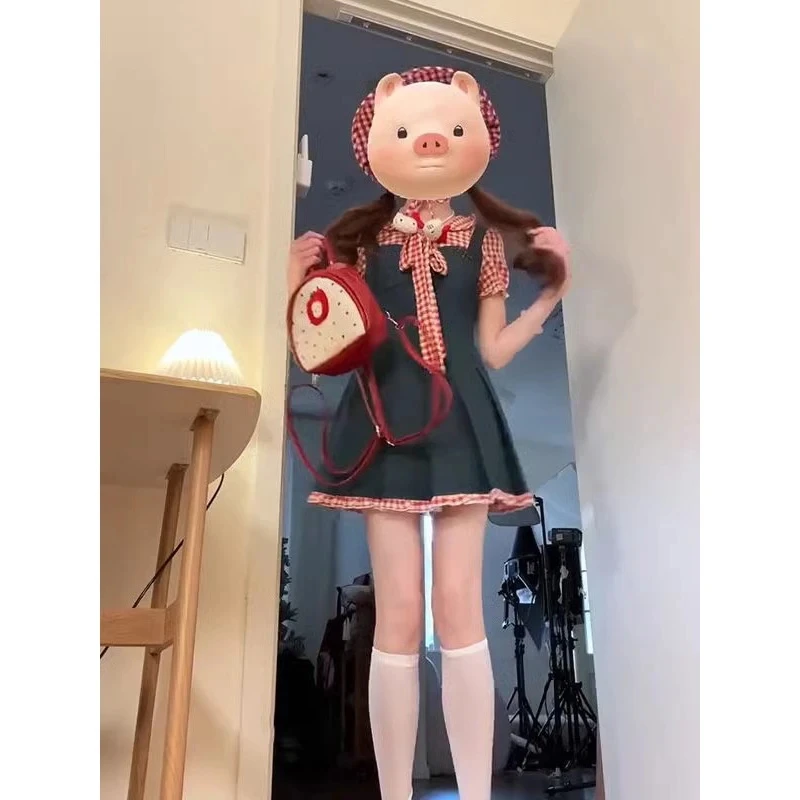 2025夏季新款韩版红色格子拼接撞色连衣裙女夏季泡泡袖减龄短裙子