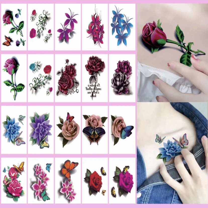 新款防水持久玫瑰花朵黑色女款仿真一次性可洗学生贴纸