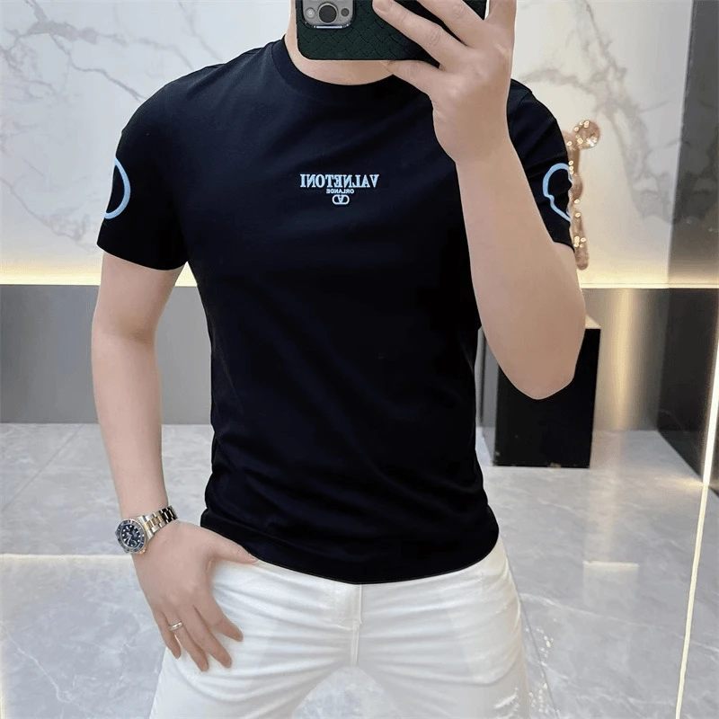 2025欧货轻奢男士针织冰丝短袖T恤夏季休闲百搭印花潮流半袖上衣