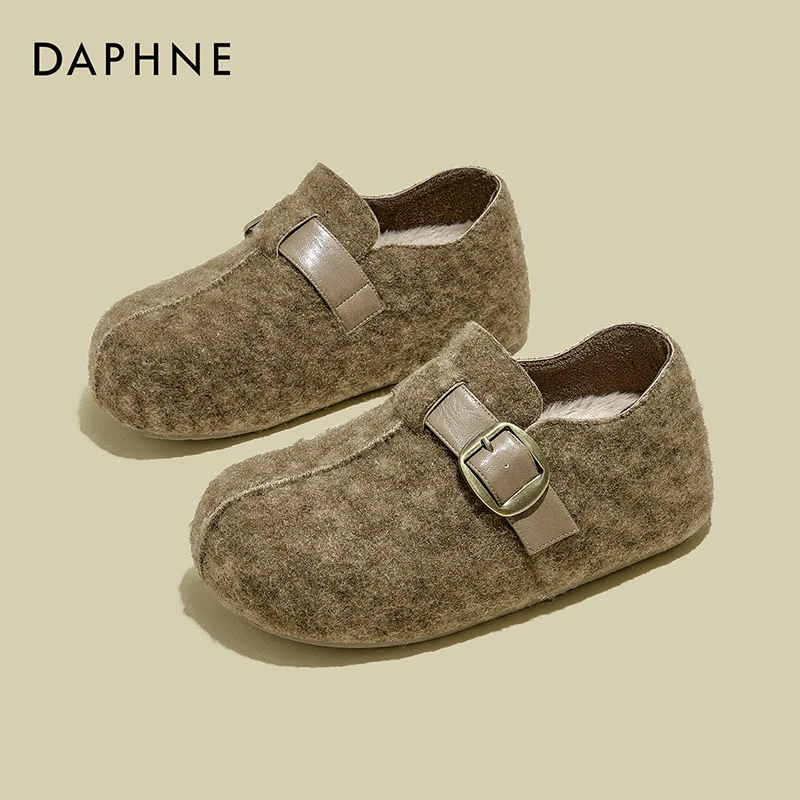 达芙妮灰色百搭勃肯鞋女2025冬季新款加绒毛呢保暖乐福鞋小众棉鞋