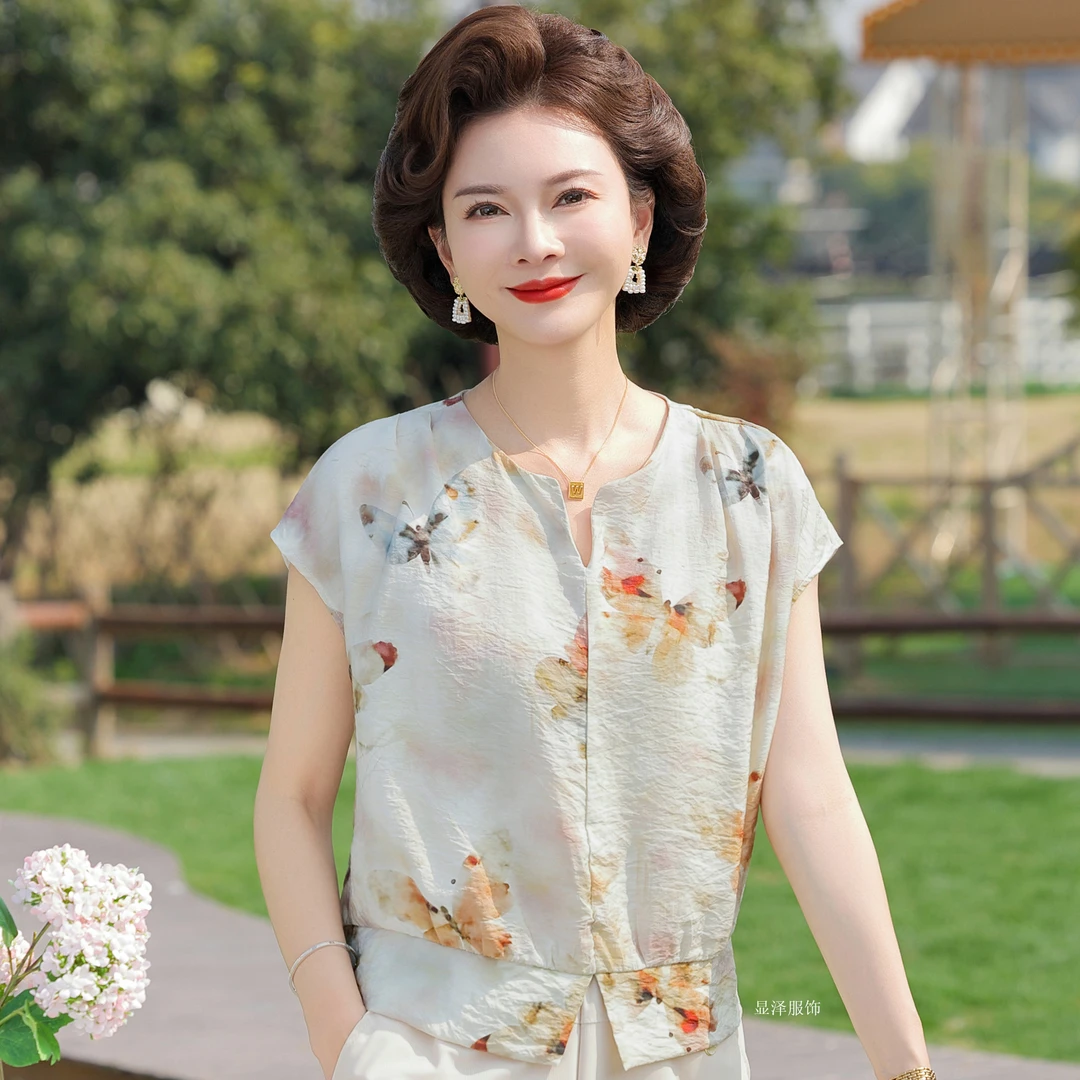 恒源祥集团彩羊妈妈装休闲插肩短袖中老年女上衣夏款薄款简小衫