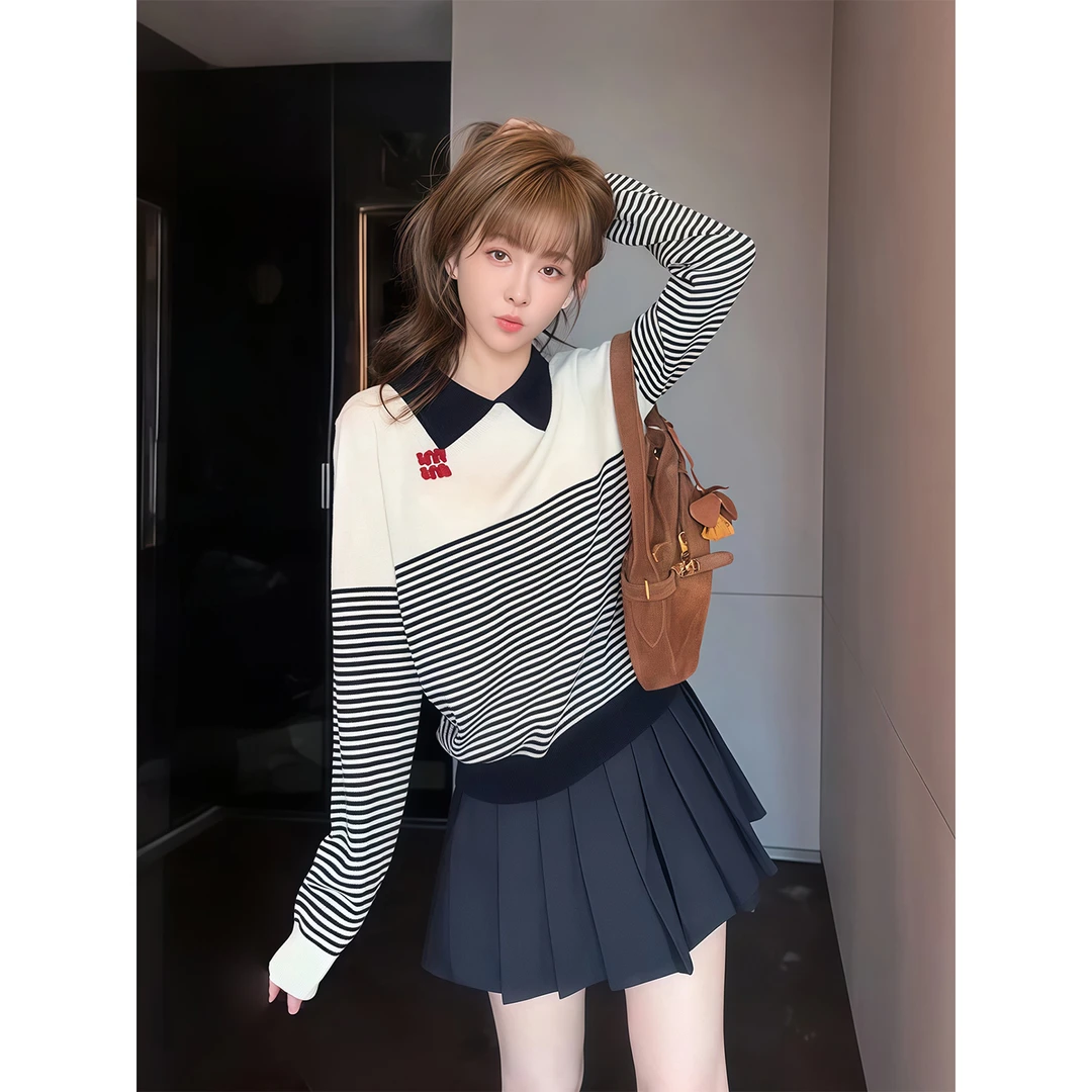 纯欲气质Polo领条纹长袖针织衫女秋季新款宽松显瘦休闲百搭上衣