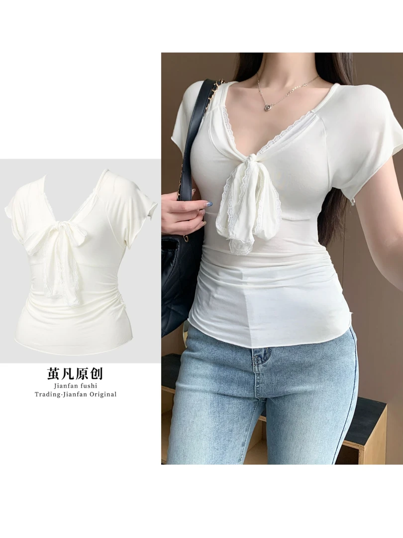 【芭蕾美学】微胖女孩大码甜美纯欲弹力肤感蕾丝修身小飞袖上衣T恤