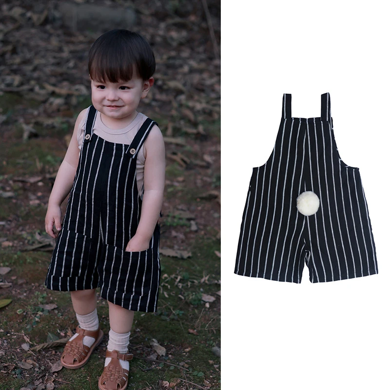 儿童裤子2025夏季丹麦新款男女童手工兔尾黑色条纹背带裤外穿衣服