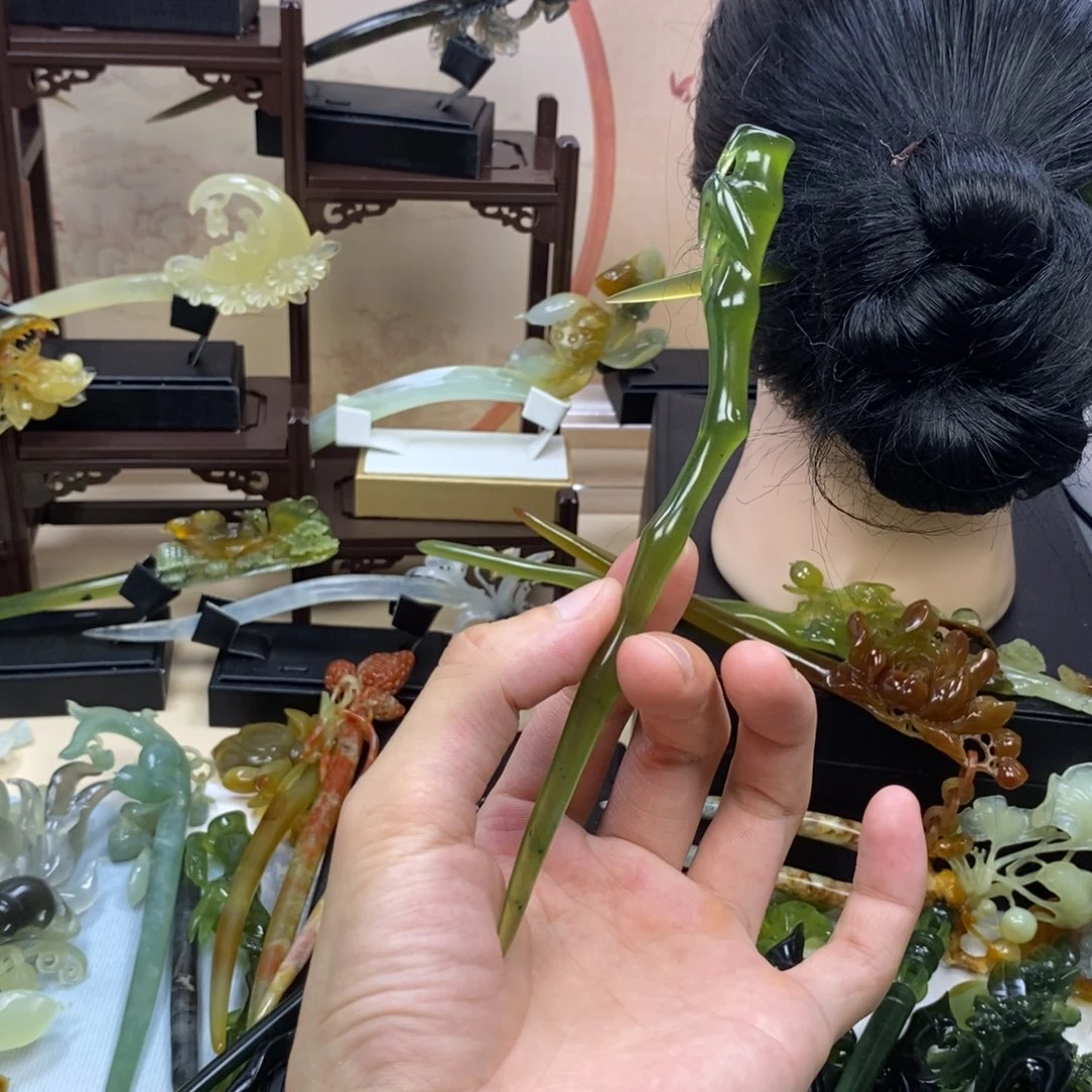 蛇纹石玉合金发饰竹子