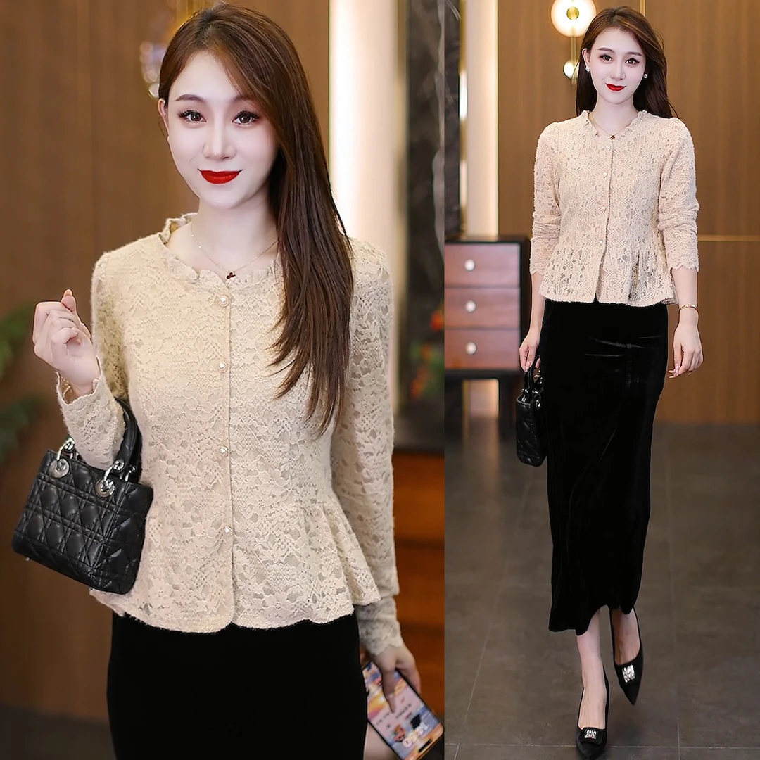2025秋季纯色长袖短款修身型加厚蕾丝衬衫气质修身显瘦打底上衣