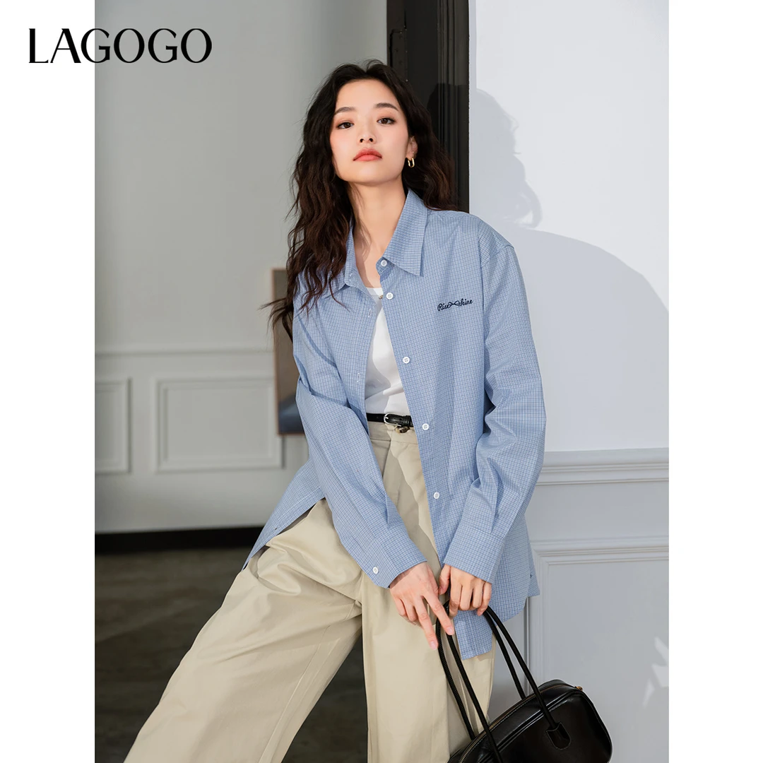 【黛一一专属】lagogo新款刺绣蝴蝶结格纹舒适显白衬衫女OACC441G15