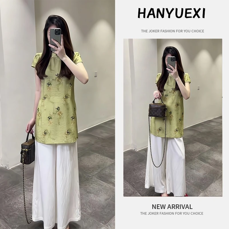 夏薄款新中式国风一整套装女韩版气质时尚短袖上衣+阔腿裤两件套