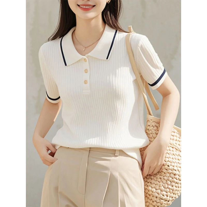 大码polo领冰丝短袖T恤女2025夏季新款微胖妹妹时尚百搭遮肉上衣