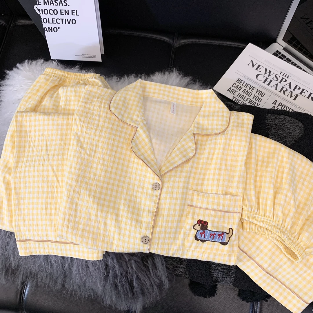 【棕扣子黄格】夏季韩版云朵绵短袖格子三件套可爱ins睡衣女家居服