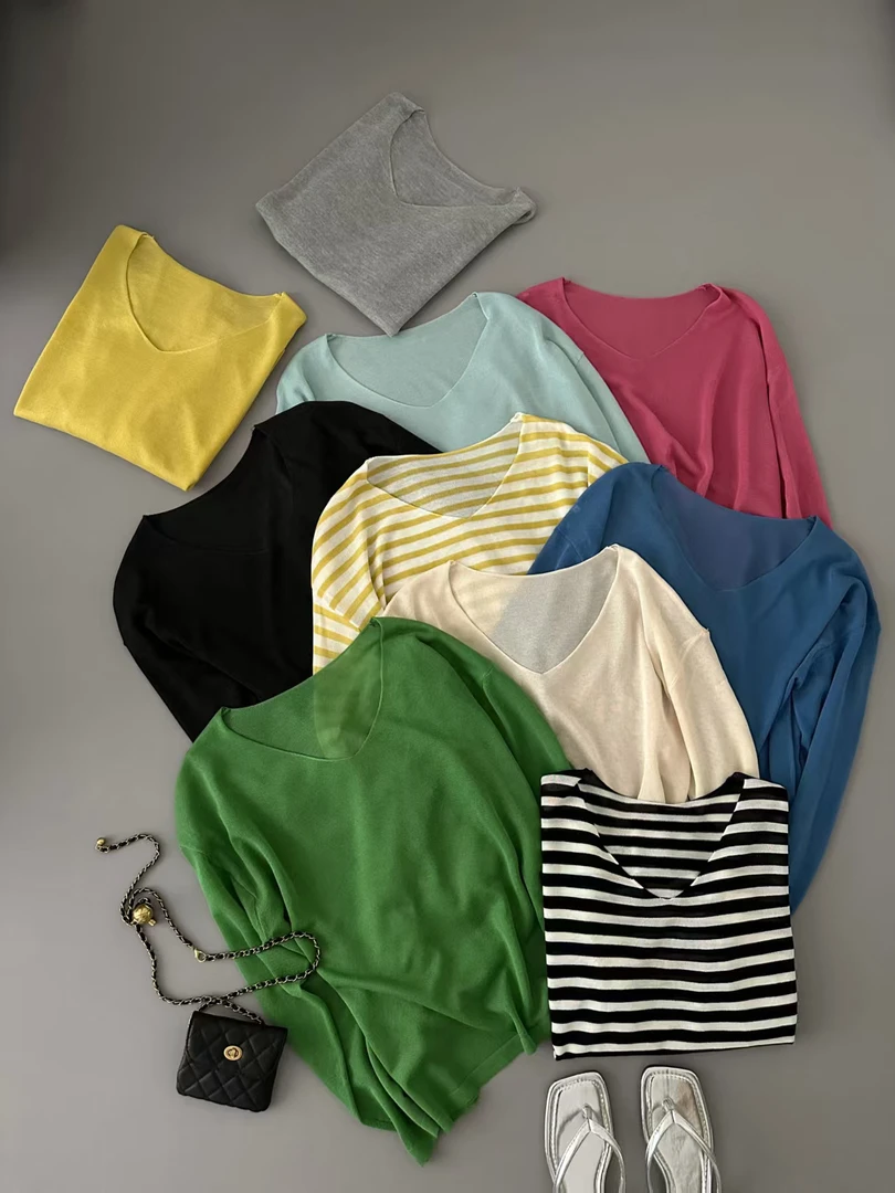 常规款纯色V领套头款女毛针织衫夏季ins上衣简约