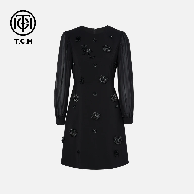 下架款工钉珠黑色气质连衣裙T75C30E1078私服女装禅意仙气飘飘