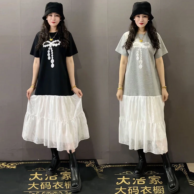 时尚蝴蝶网纱拼接假两件胖MM大码显瘦洋气遮肉2025春夏新款连衣裙