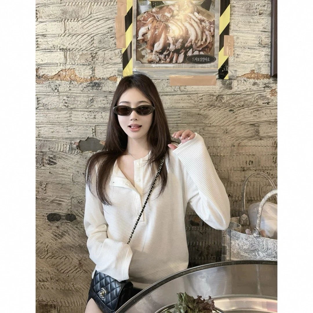 【亨利衫】舒适风华夫格宽松慵懒长袖T恤上衣女纯色卫衣显瘦秋季