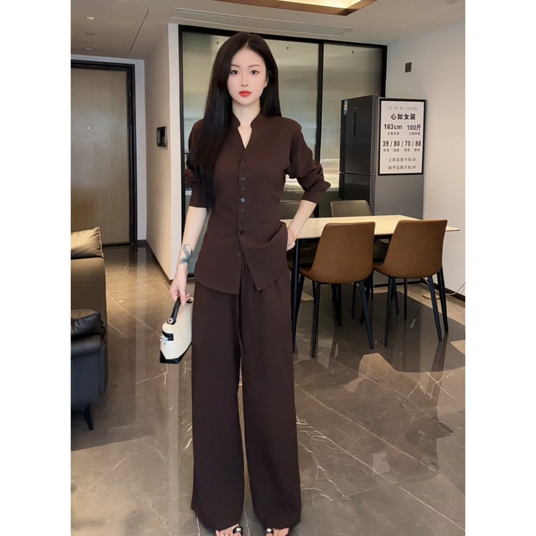 极简老钱风时尚套装女V领长袖衬衫宽松阔腿裤休闲两件套