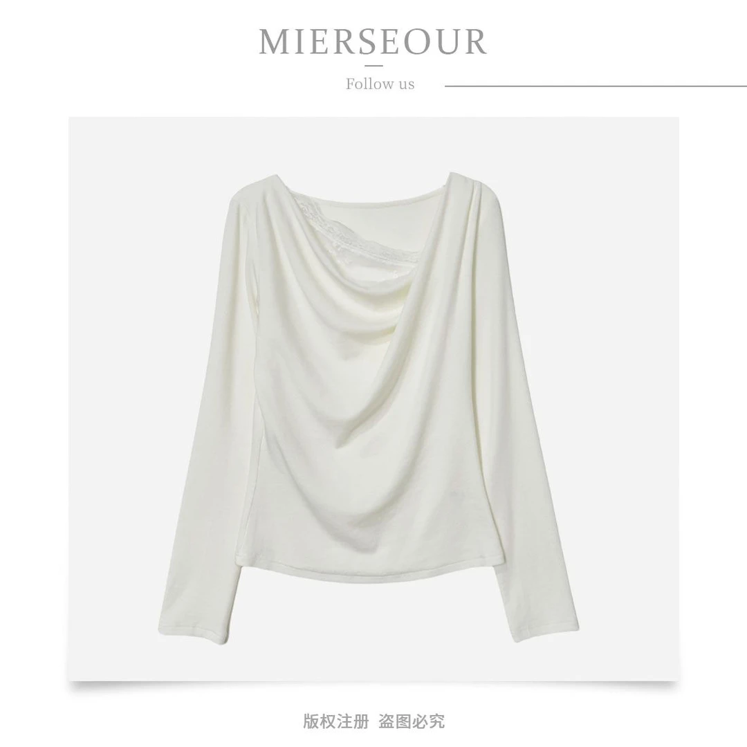 2025秋季新款轻奢时尚洋气百搭荡领褶皱掐腰打底衫长袖t恤+3469