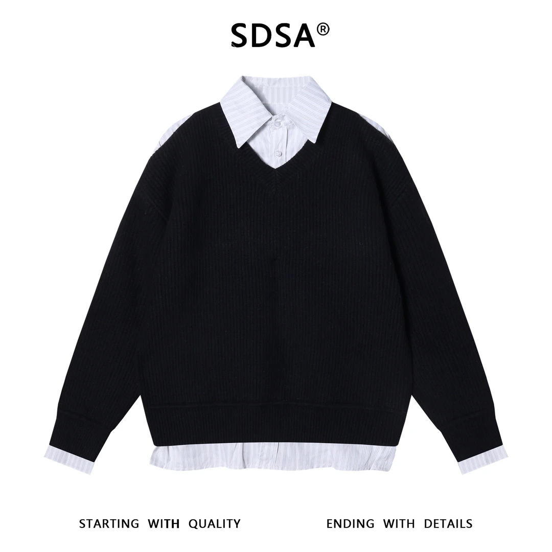 SDSA男士秋冬新款痞帅男装设计师简约撞色翻领假两件毛衣时尚百搭